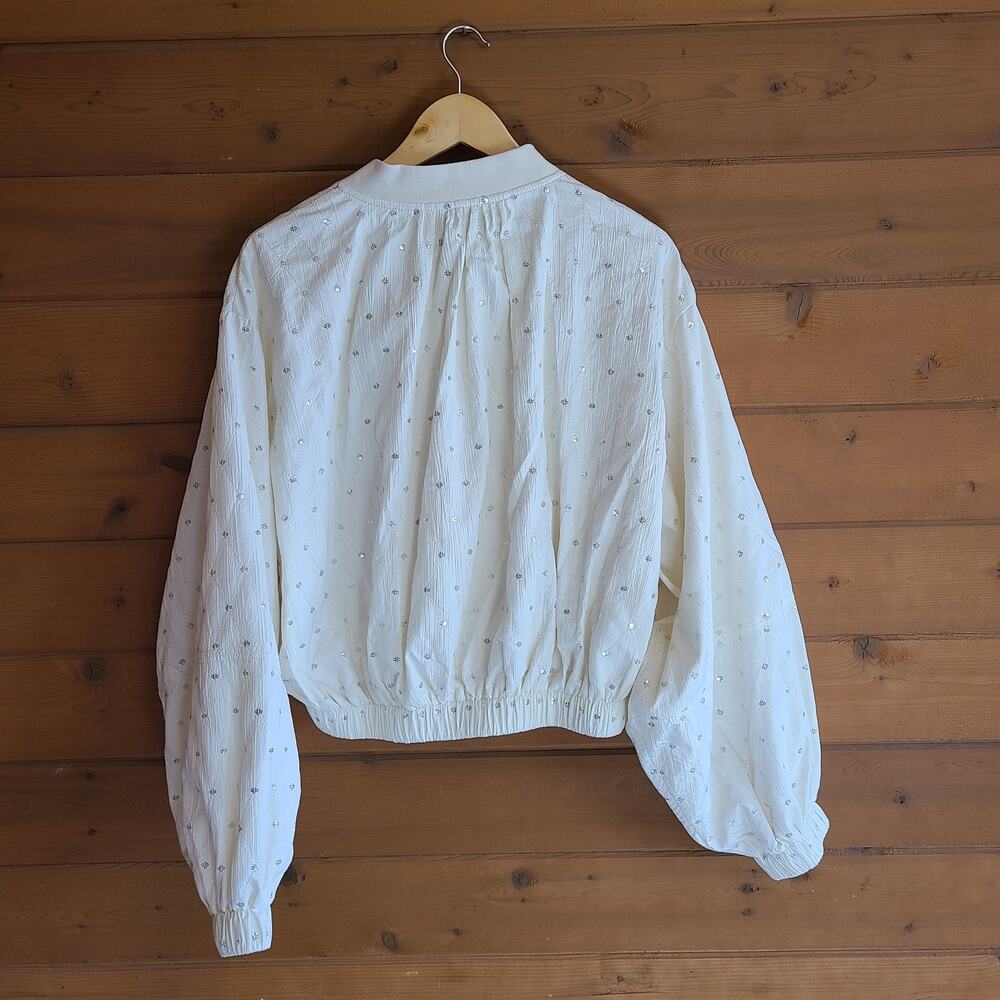Dolce Cabo Bomber Jacket Bridal Embellished Balloon Sleeve Chic Ivory NWT Large - Picture 4 of 7